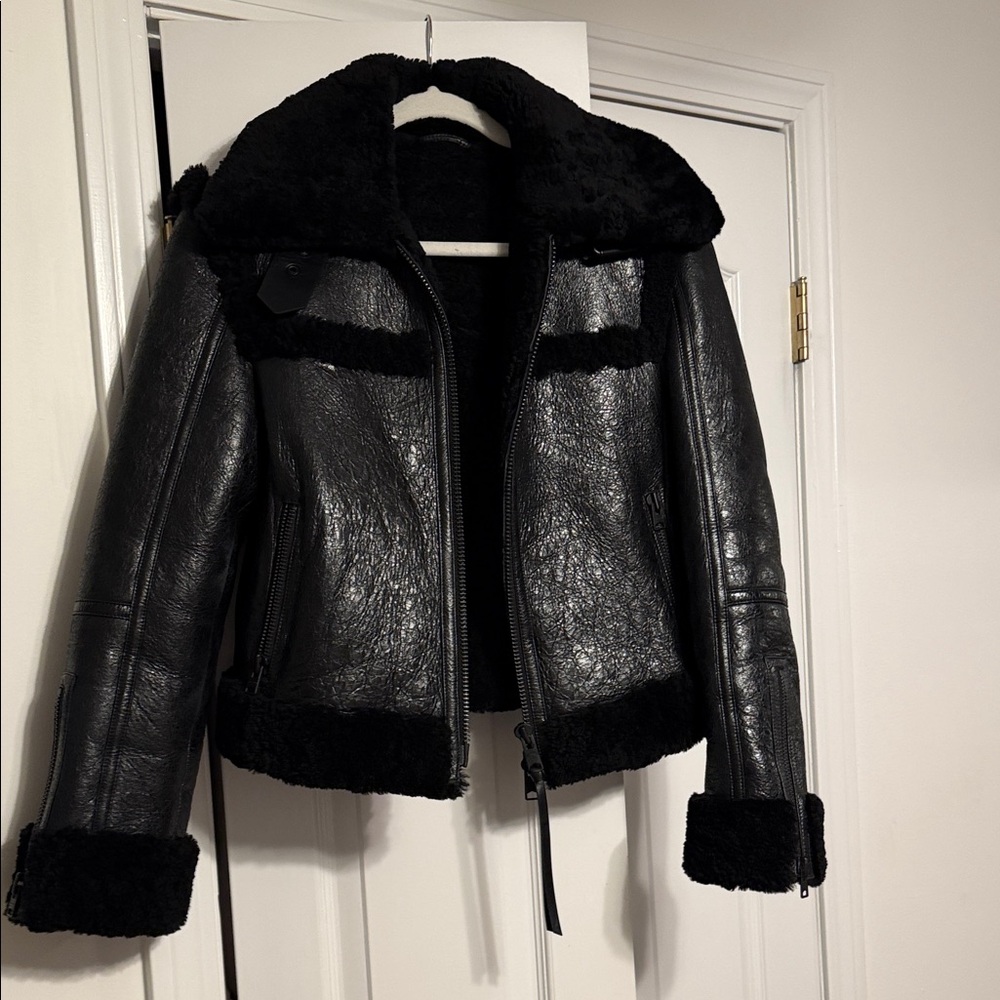All Saints Black Leather Jacket with Shearling Accents
